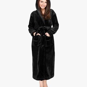 Bathrobe Plush Long Spa Robe Black Small NY Threads Womens Fleece Hooded